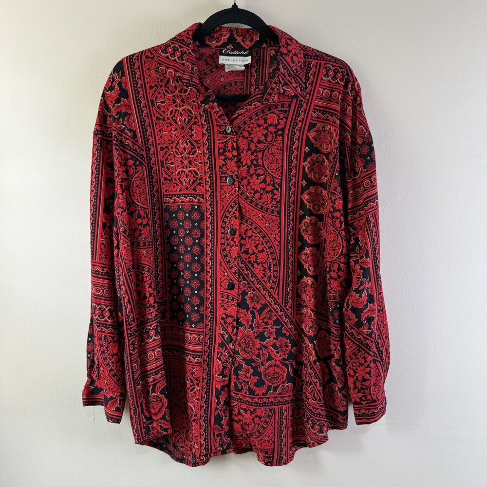 Vintage 90s Oversized Red Black Scarf Print Rayon Blouse, Tagged M - Fits upto L
